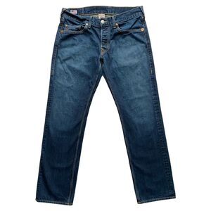 Mens True Religion Jeans Geno Straight Leg Button Fly Dark Blue Wash Size 34